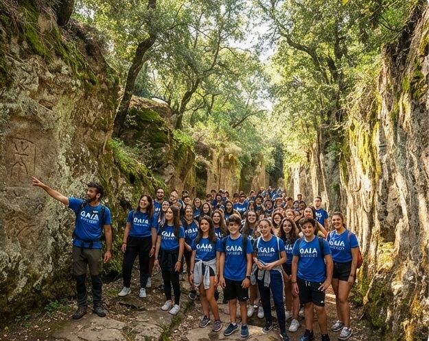Studenti con le magliette Gaia e la guida lungo una via cava etrusca