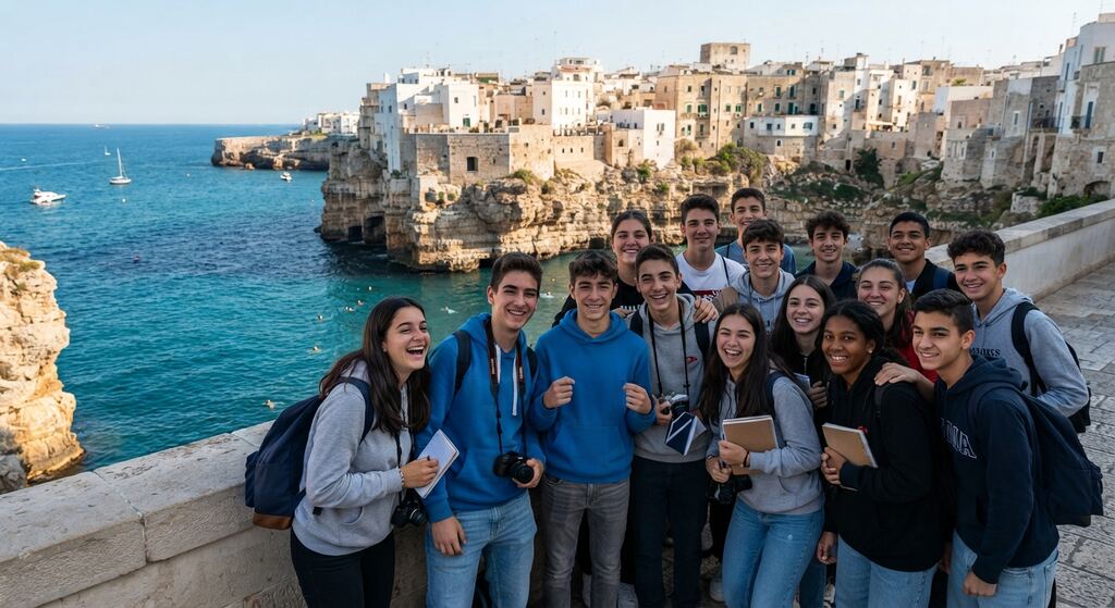 Studenti sorridenti in foto di gruppo sulla terrazza panoramica di Polignano a Mare