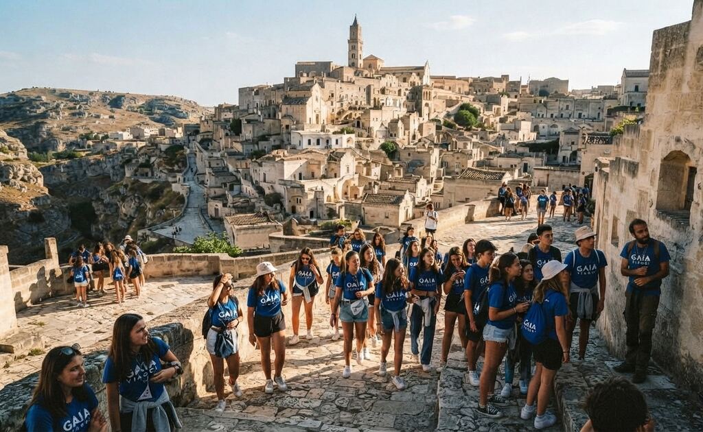 Ragazzi con le magliette Gaia in visita guidata ai Sassi di Matera