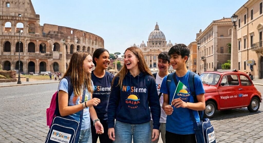 Ragazzi con le felpe Estate INPSieme davanti al Colosseo a Roma