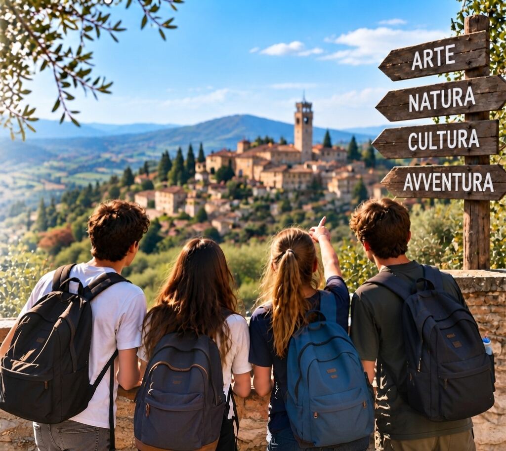 Studenti con lo zaino guardano un borgo collinare accanto ai cartelli Arte, Natura, Cultura, Avventura