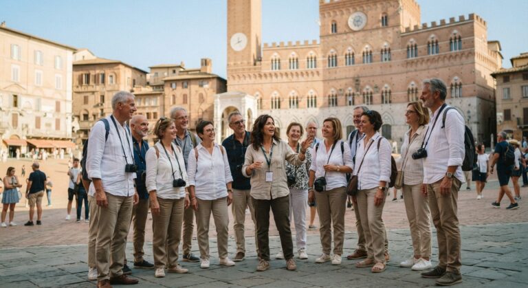 Gruppo di adulti in visita a una piazza storica con un palazzo merlato