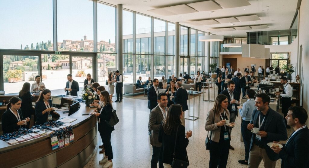 Partecipanti a un evento aziendale nella hall di accoglienza di un centro congressi