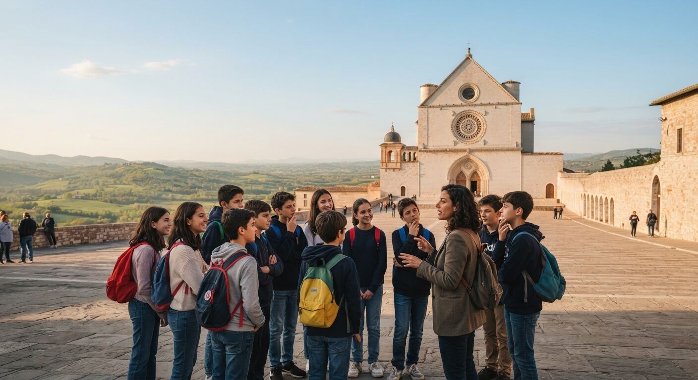 Classe con l'accompagnatrice davanti alla Basilica di San Francesco ad Assisi