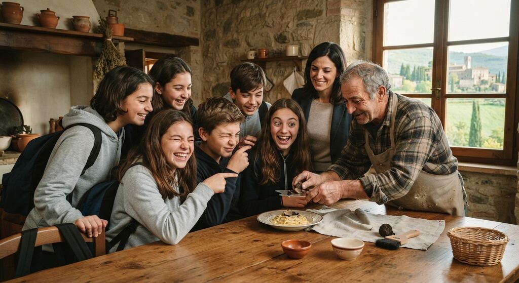 Ragazzi al laboratorio del tartufo con un artigiano in una cucina rustica