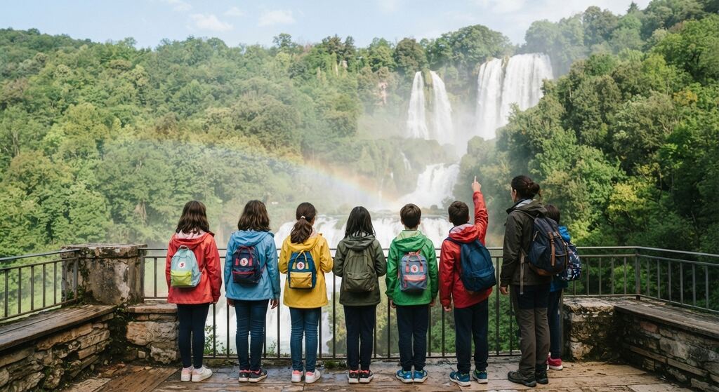 Bambini con lo zaino davanti alle Cascate delle Marmore