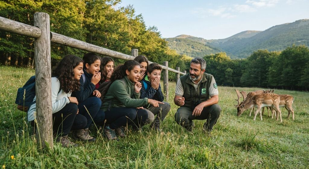 Ragazzi con un guardiaparco osservano i daini in un prato del Parco