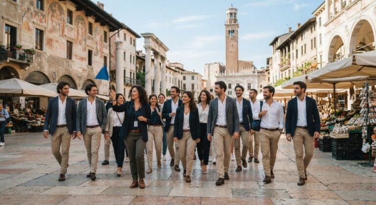 Gruppo di colleghi in passeggiata in una piazza storica durante un viaggio premio