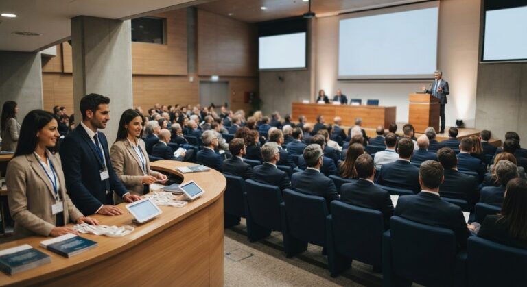 Desk di accoglienza e platea durante un congresso in un auditorium