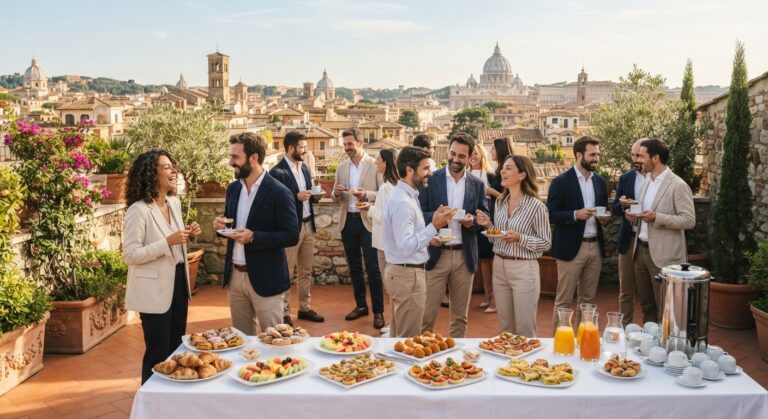 Evento aziendale con buffet su una terrazza affacciata sui tetti di Roma