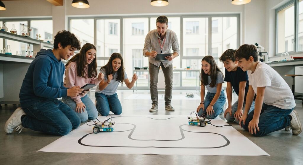 Ragazzi programmano piccoli robot su un percorso tracciato a terra