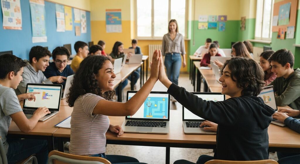 Studenti al computer in classe durante un'attività di coding si danno il cinque