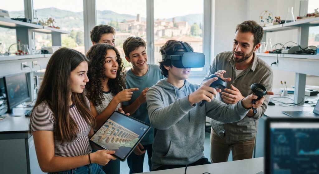 Studenti provano un visore di realtà virtuale con un educatore in laboratorio