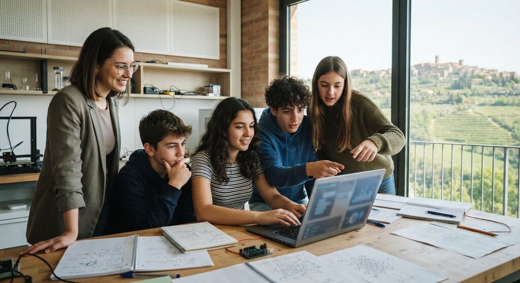 Ragazzi con una docente al computer in un laboratorio di intelligenza artificiale