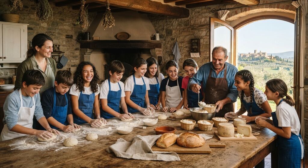 Ragazzi con il grembiule impastano il pane in un laboratorio agricolo