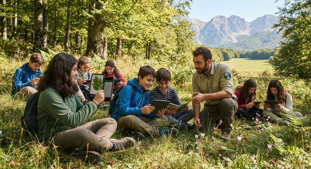Ragazzi con i tablet e una guida seduti su un prato nel Parco