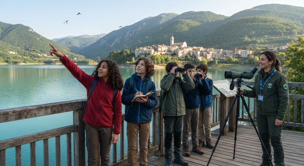 Studenti con binocoli e una guida fanno birdwatching sul Lago di Barrea