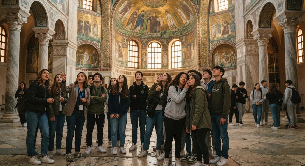 Classe in visita a una basilica di Ravenna ricoperta di mosaici dorati