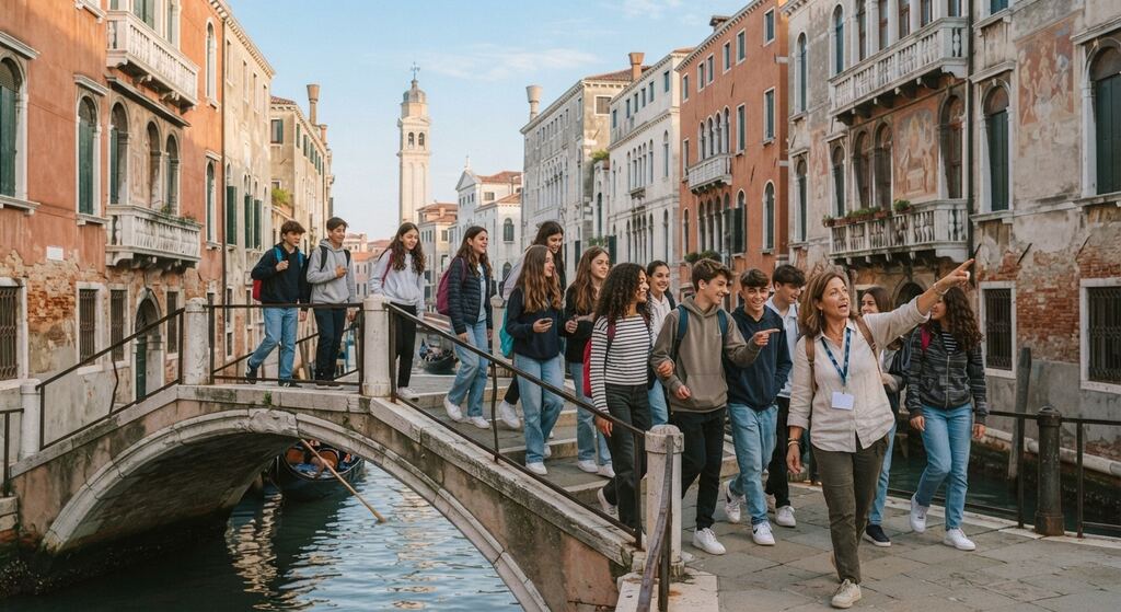 Classe con l'accompagnatrice su un ponte tra i canali di Venezia