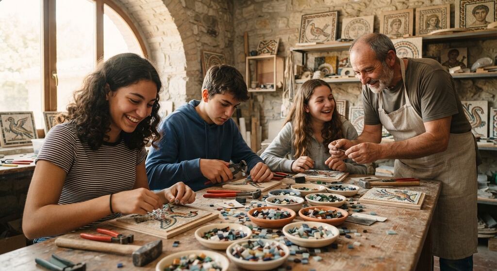 Ragazzi impegnati in un laboratorio di mosaico con un maestro artigiano