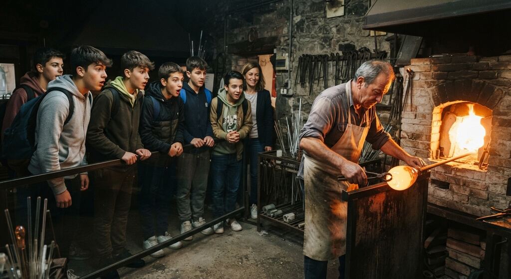Studenti osservano un maestro vetraio al lavoro davanti alla fornace a Murano