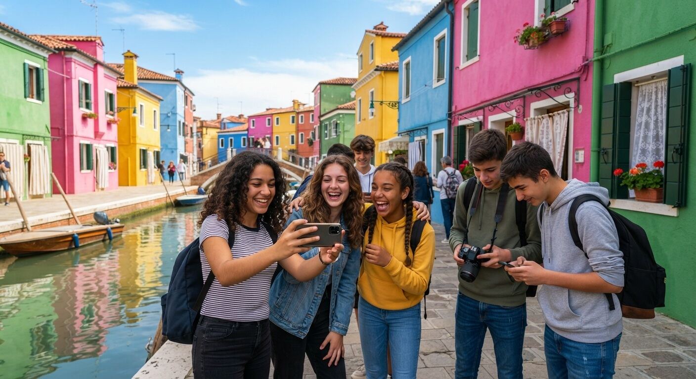Ragazzi sorridenti tra le case colorate di Burano lungo un canale