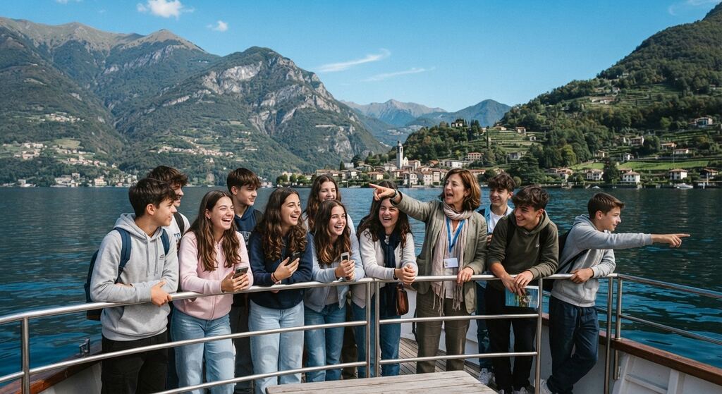 Studenti con l'accompagnatrice in battello sul lago, tra le montagne lombarde