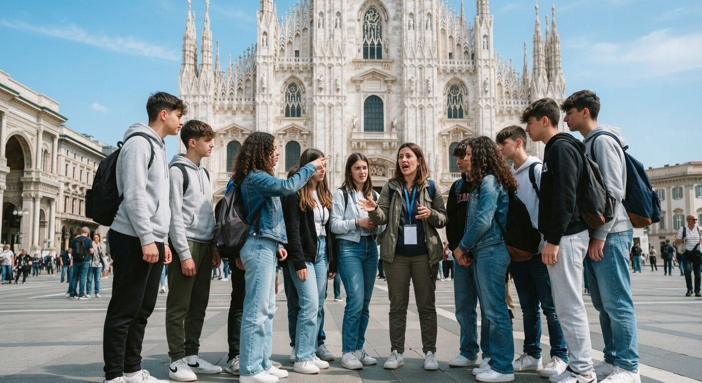 Gruppo di studenti in piazza davanti al Duomo di Milano