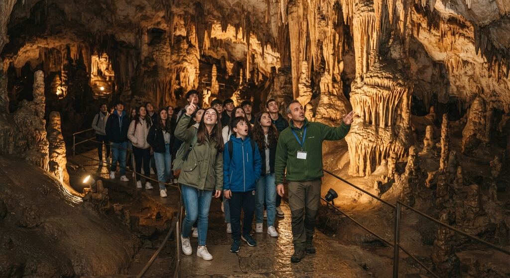 Studenti con la guida tra stalattiti e stalagmiti delle Grotte di Castelcivita