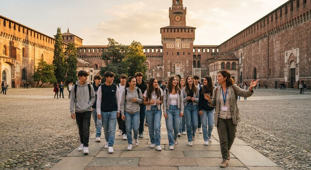 Classe con la guida nel cortile del Castello Sforzesco a Milano
