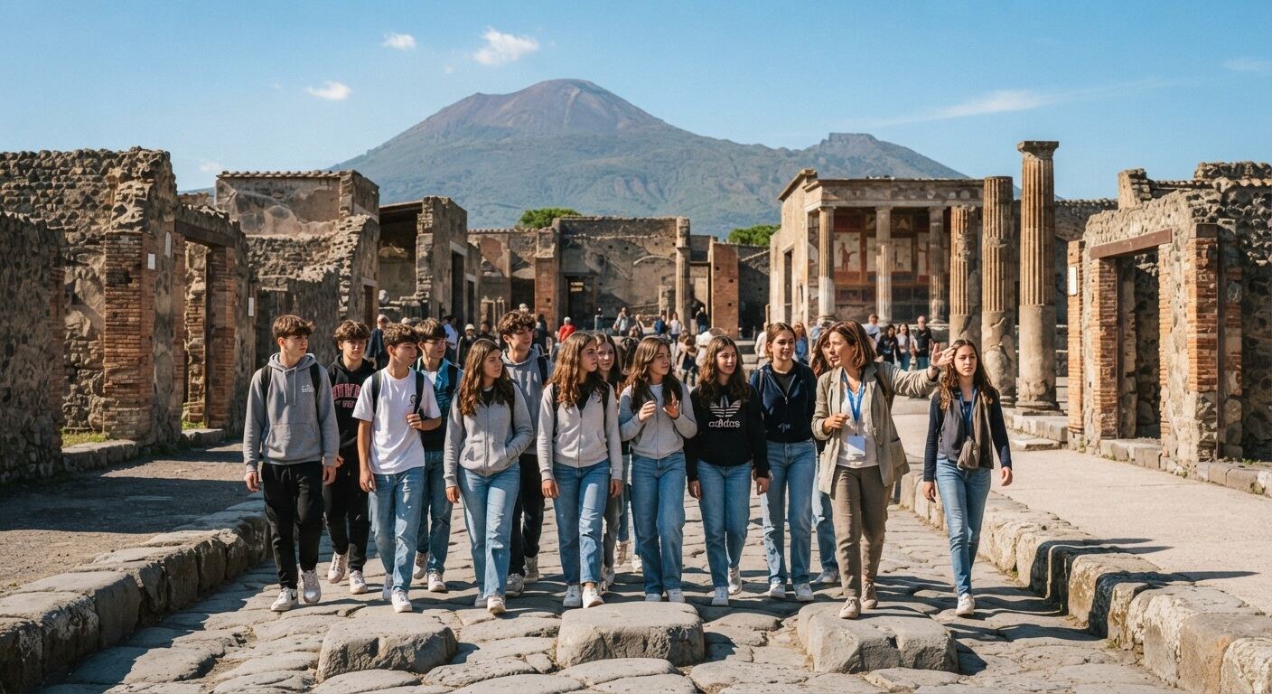 Classe con la guida negli Scavi di Pompei, con il Vesuvio sullo sfondo
