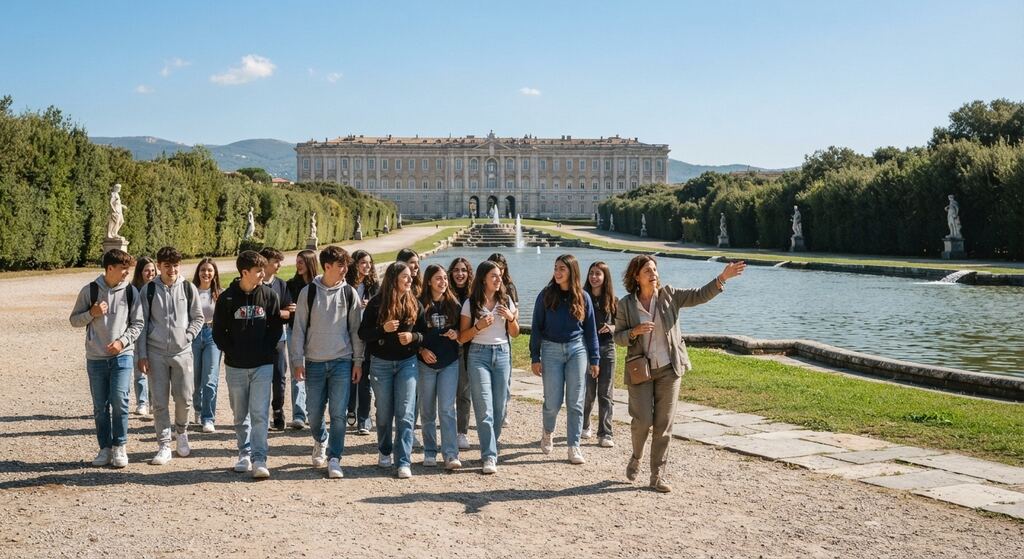 Classe con la guida nel parco della Reggia di Caserta