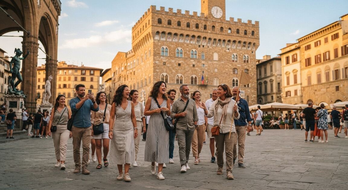 Gruppo di viaggiatori in Piazza della Signoria a Firenze davanti a Palazzo Vecchio