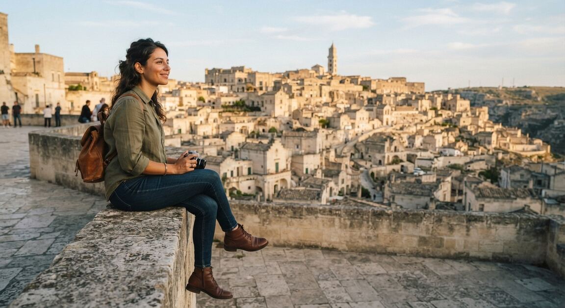 Viaggiatrice seduta su un muretto con vista sui Sassi di Matera