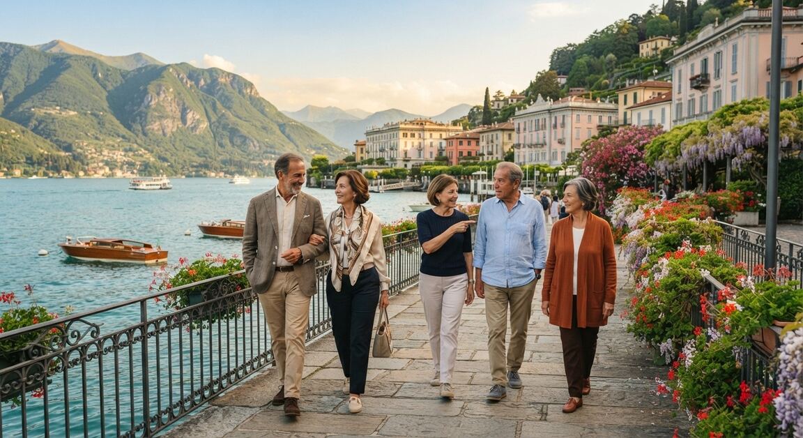 Coppie di viaggiatori senior passeggiano sul lungolago tra fiori e montagne