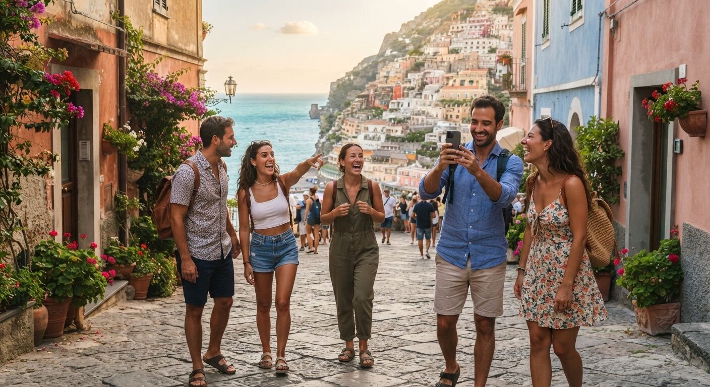 Gruppo di amici passeggia in un vicolo fiorito di un borgo sul mare