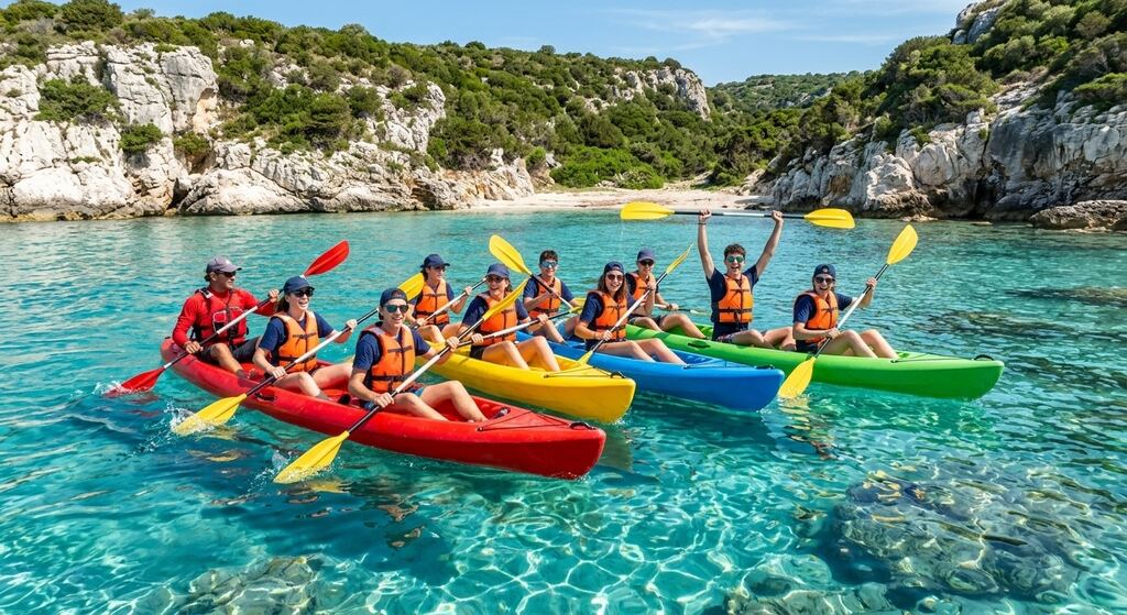 Ragazzi con il giubbotto salvagente in canoa in una baia dall'acqua cristallina